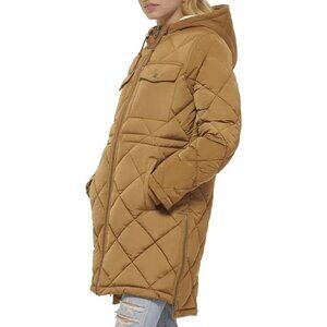 Levi's Women's Large Sherpa Lined Diamond Quilted Long Parka Jacket Tan Winter